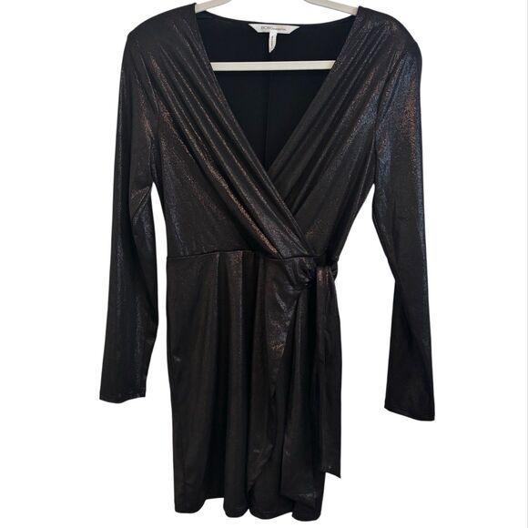 BCBGENERATION Womens Black Metallic Long Sleeve Wrap Dress Small Whimsigoth - Picture 1 of 7